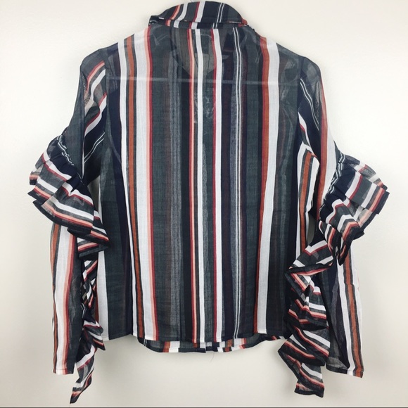 Gracia Ruffle linen sheer button up blouse M - Picture 3 of 5